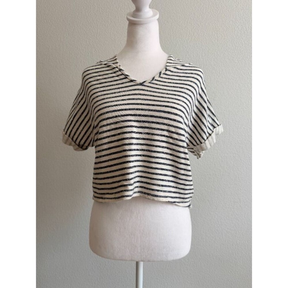 Bjewel Striped Short Sleeve Cropped Hoodie Top M
